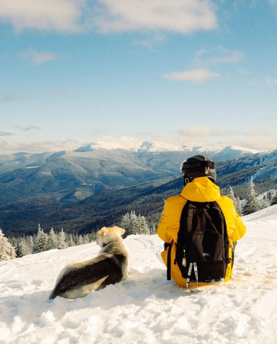 A man sitting on top of a snow covered slope next to a dog